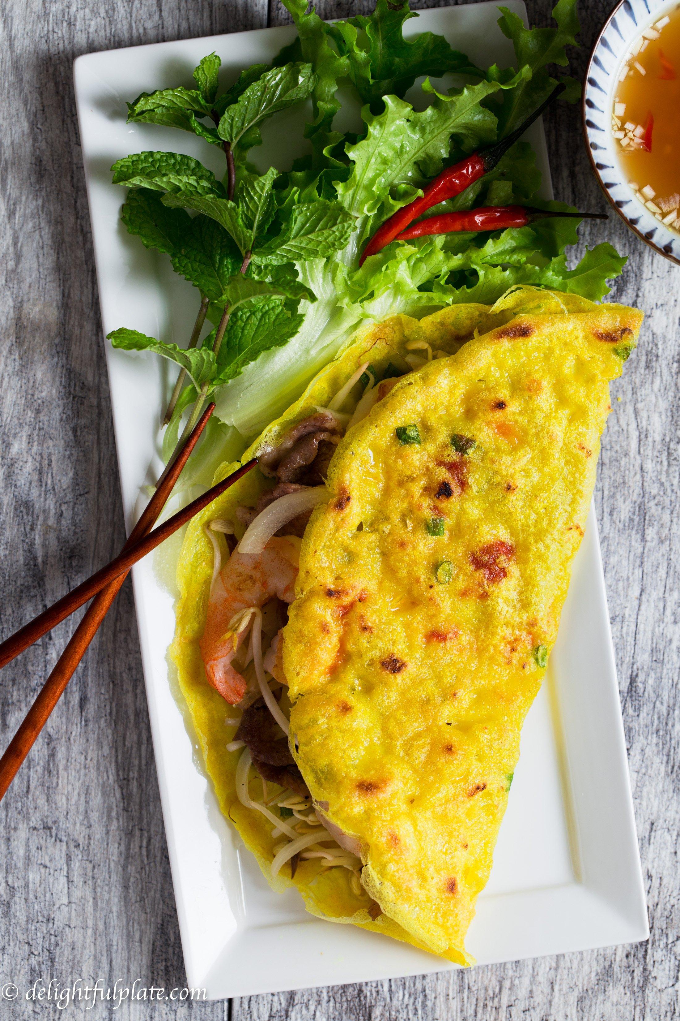 a Vietnamese Crepe (Banh Xeo) on a serving plate