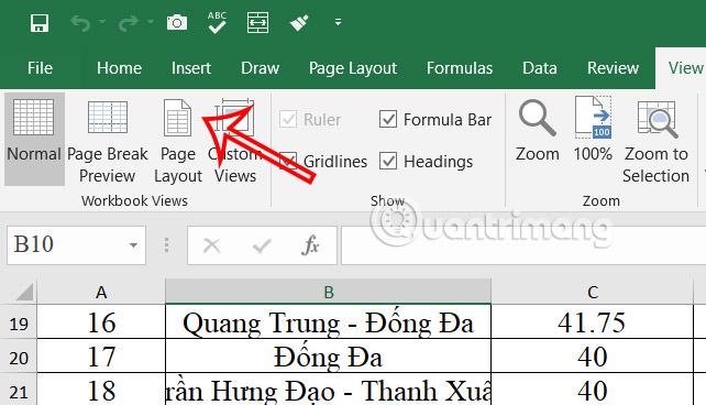 Vị trí đánh số trang Excel