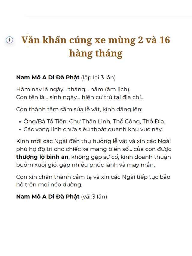 Bài văn khấn cúng xe mùng 2 và 16 hàng tháng