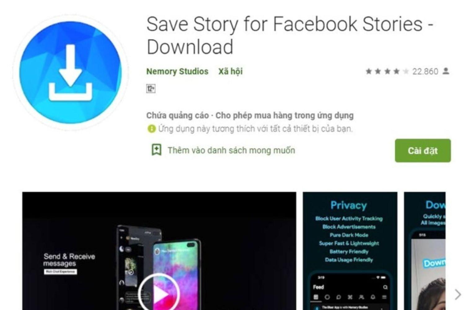 Vào CH Play tải ứng dụng Save Story for Facebook Stories